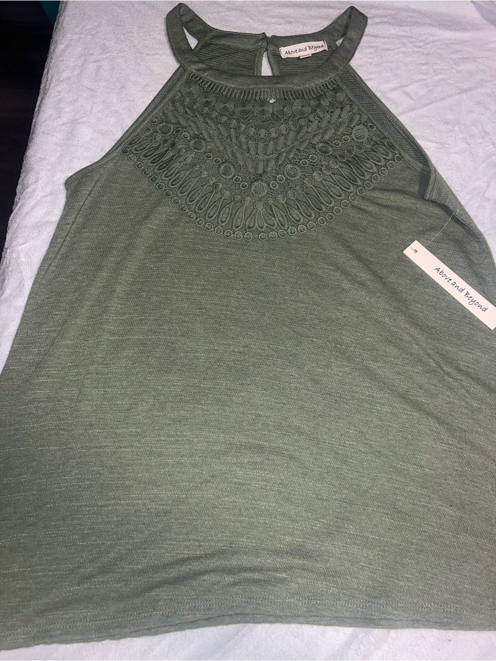 Above and Beyond Olive Crochet Yoke Halter Tank